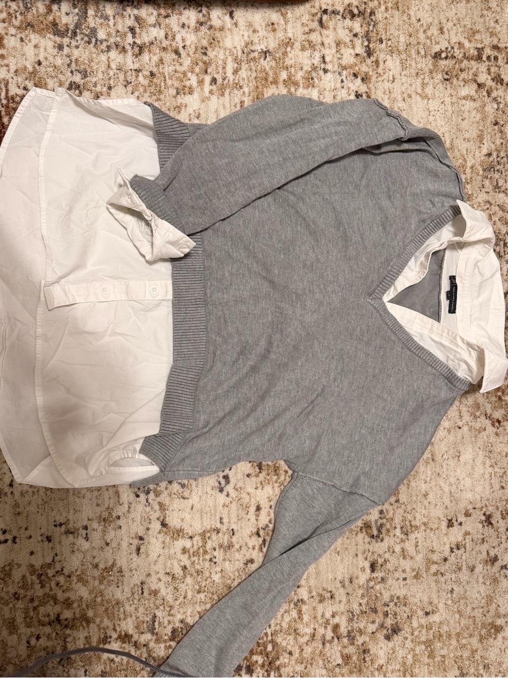 Adrianna Papell Gray V‑Neck Sweater with Built‑In White Shirt Detail